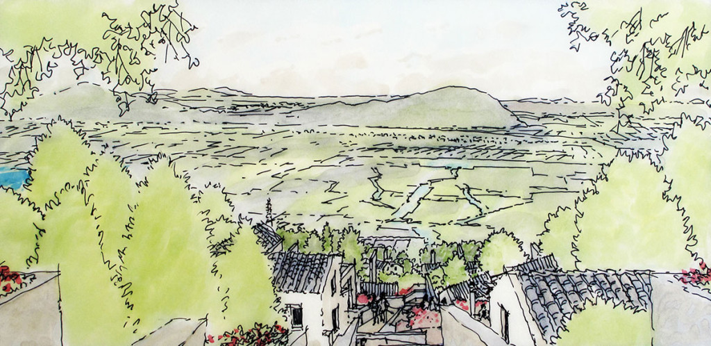 Cafes and villas on a typical trail down the mountain and along a view corridor that will be retained as open space.