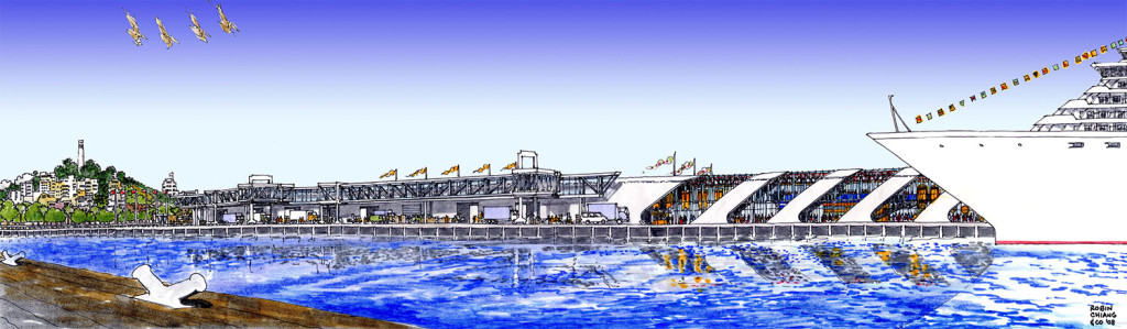 This sketch envisions a possible new skin on the existing building frame at Pier 27