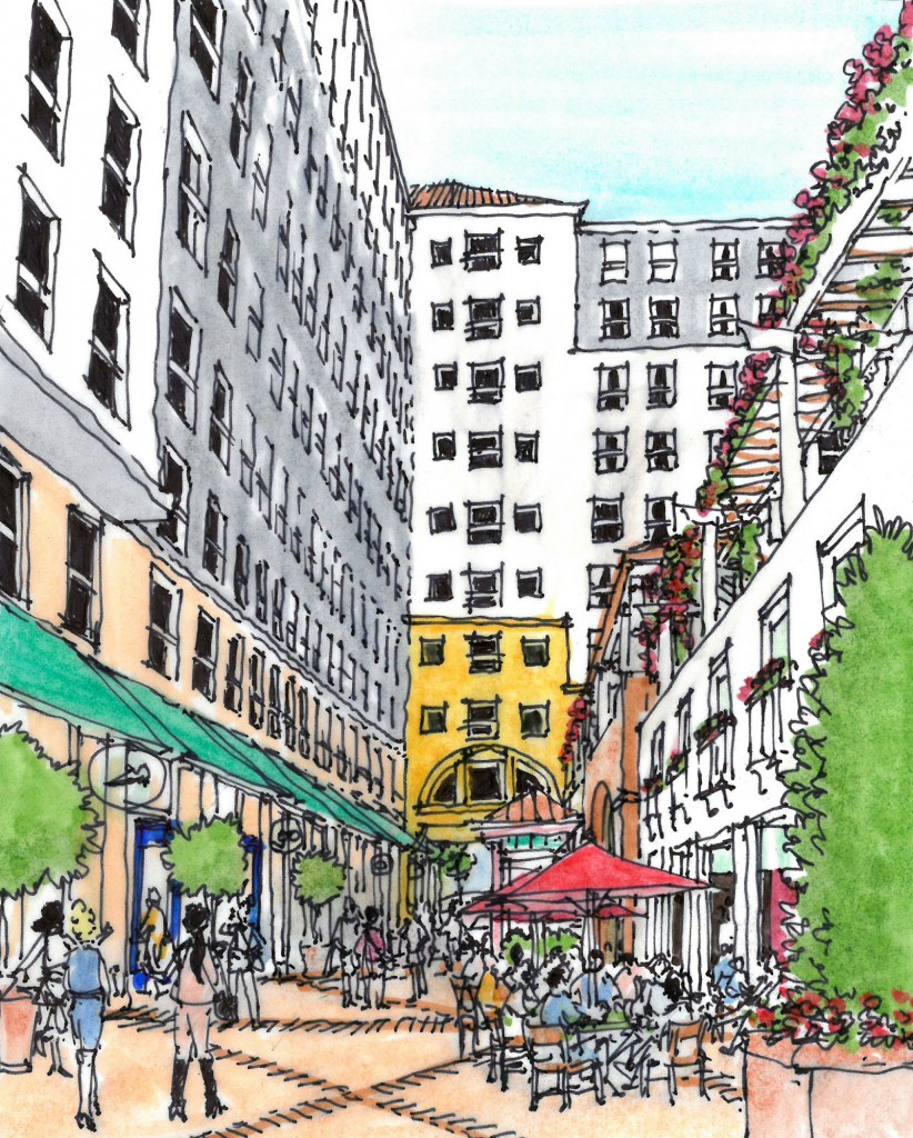 Santa Clara Station TOD (higher density option): View of open air food arcade at the base of apartments.